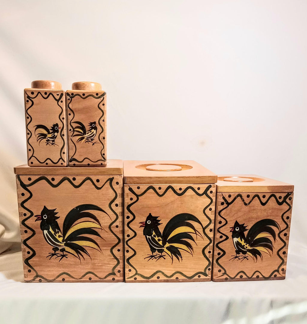 Vintage Woodpecker Woodware Nesting Canister Set w/ Salt & Pepper Shakers