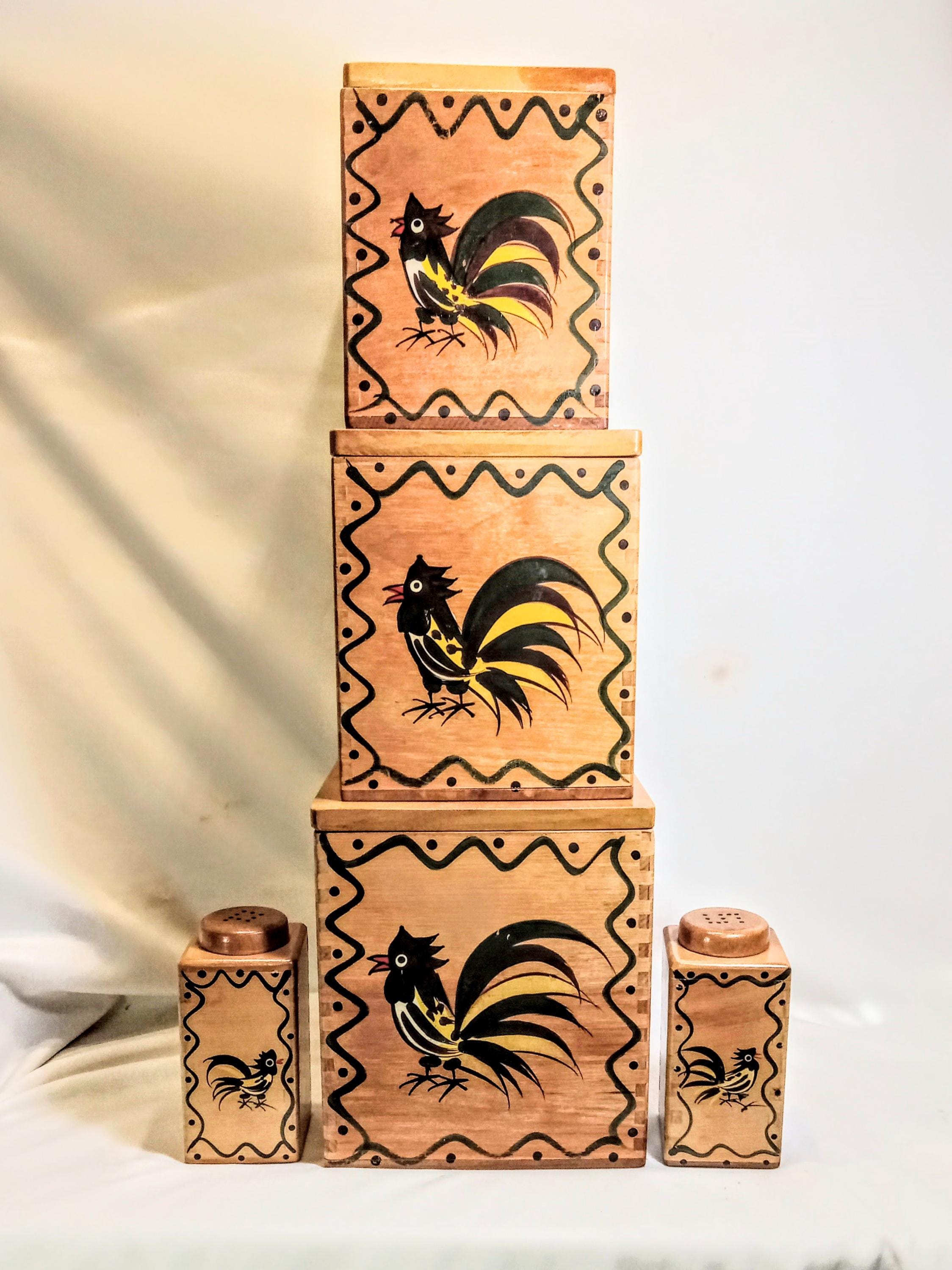 Vintage Woodpecker Woodware Nesting Canister Set w/ Salt & Pepper Shakers