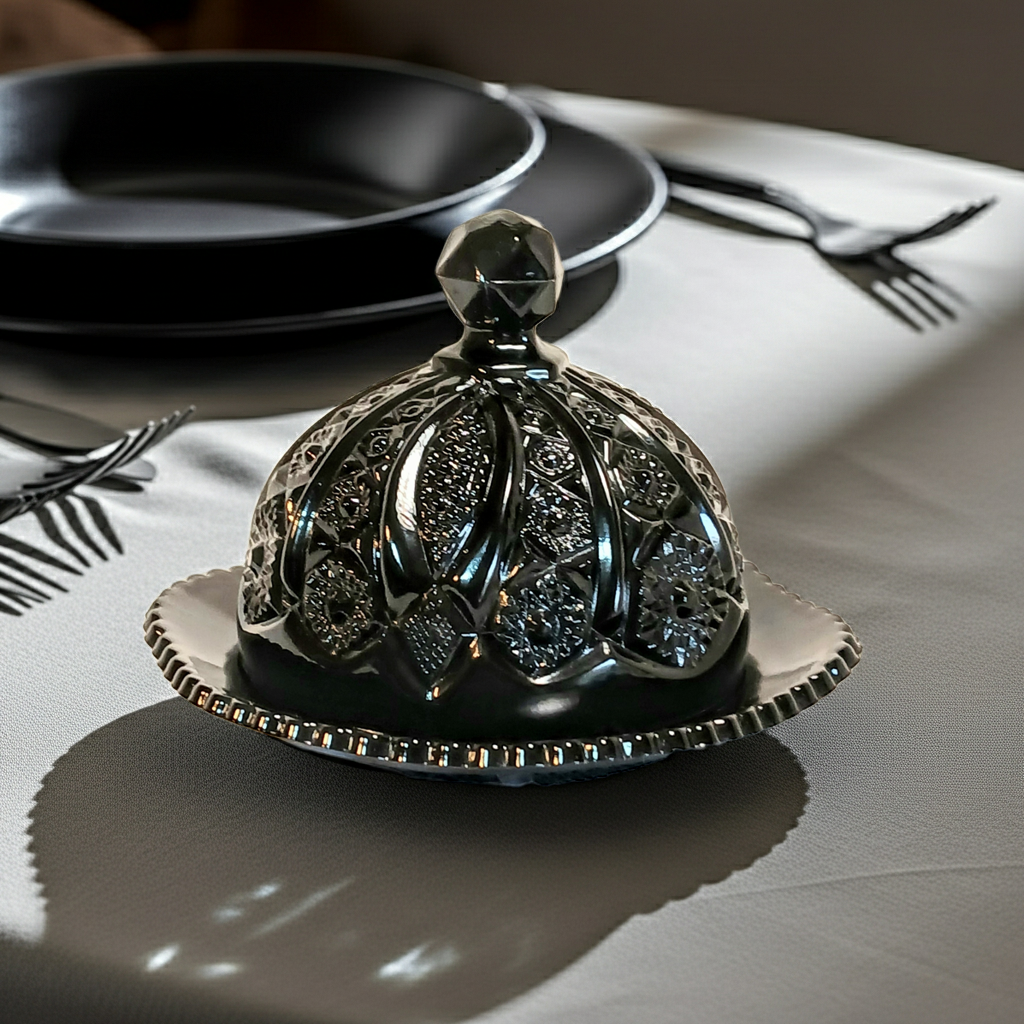 Indiana Glass Black Tiara Monarch Butter Dish