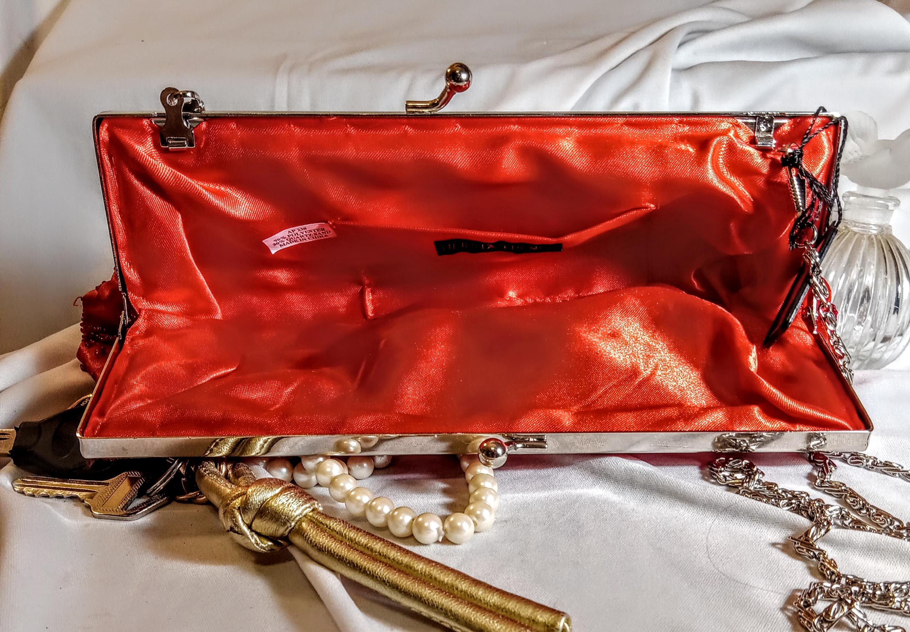 Bijoux Terner Red Satin Evening Clutch – Silver Chain Strap