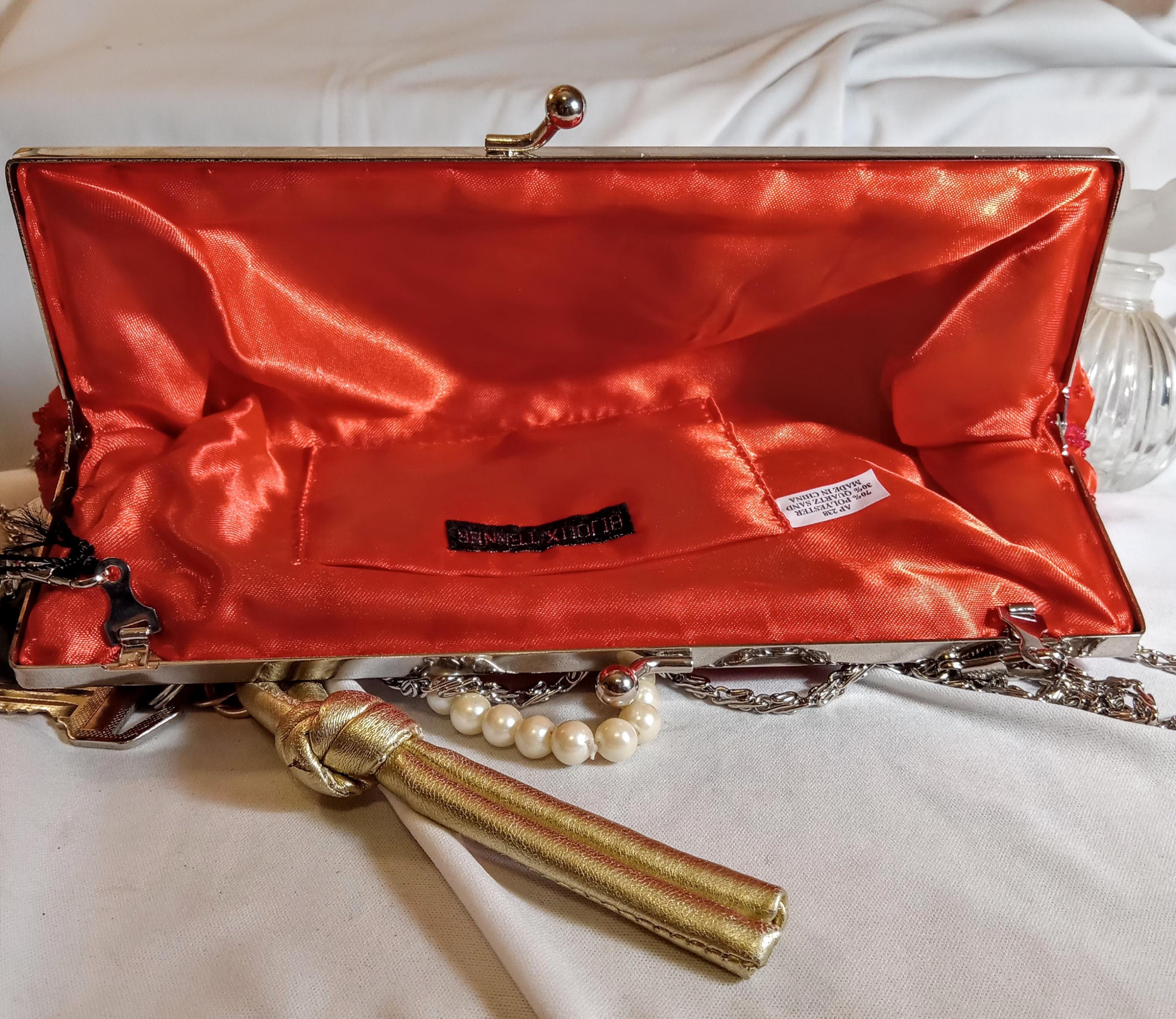 Bijoux Terner Red Satin Evening Clutch – Silver Chain Strap