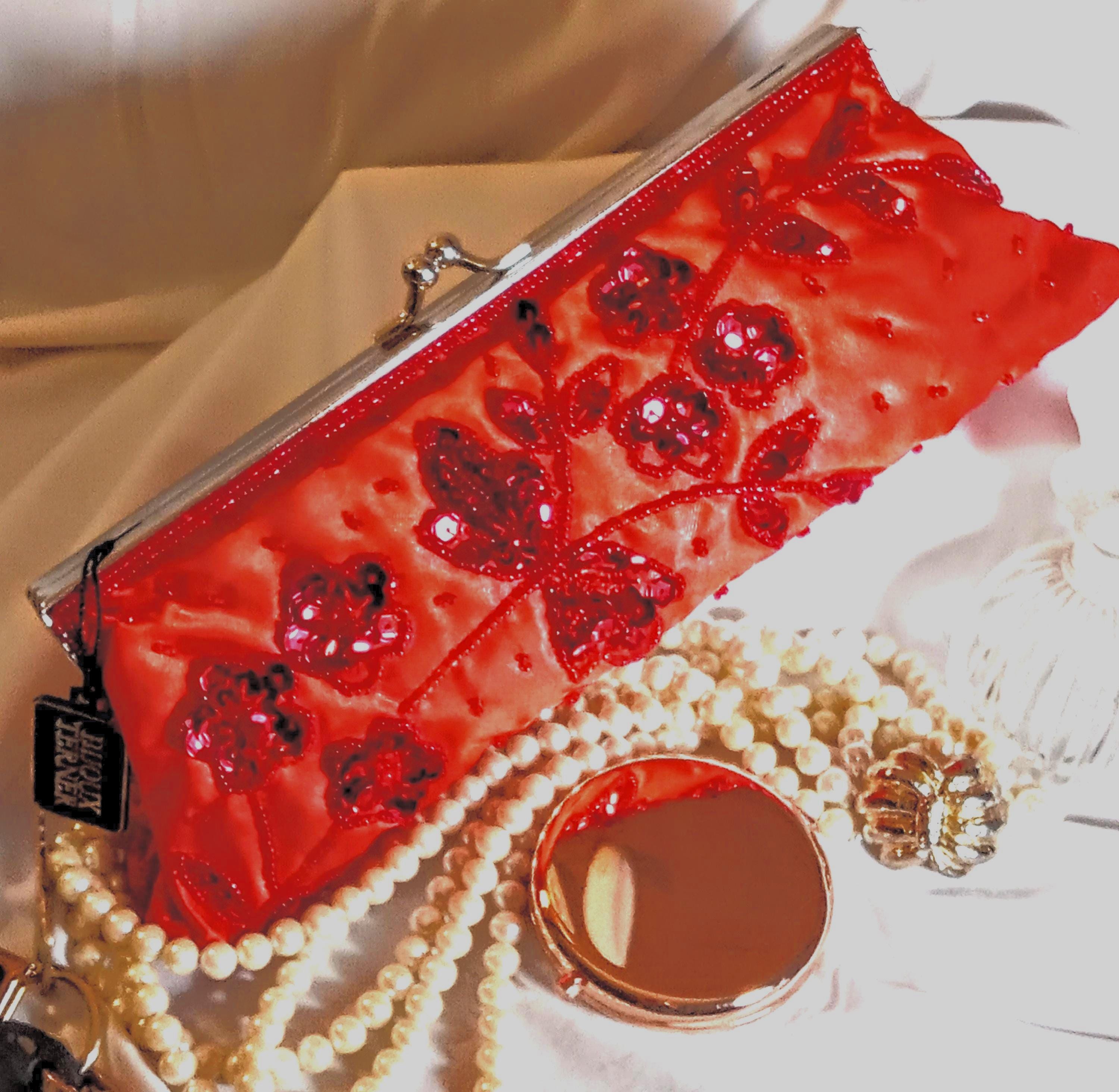 Bijoux Terner Red Satin Evening Clutch – Silver Chain Strap