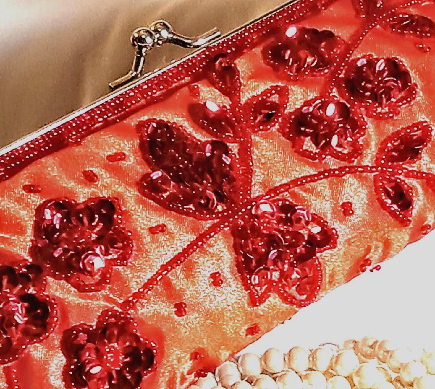 Bijoux Terner Red Satin Evening Clutch – Silver Chain Strap