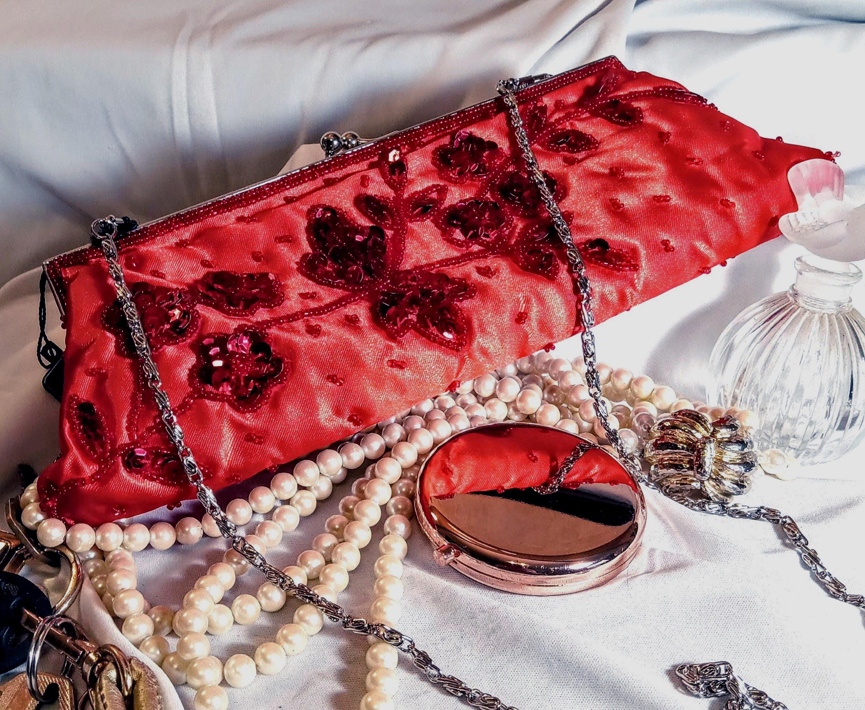 Bijoux Terner Red Satin Evening Clutch – Silver Chain Strap